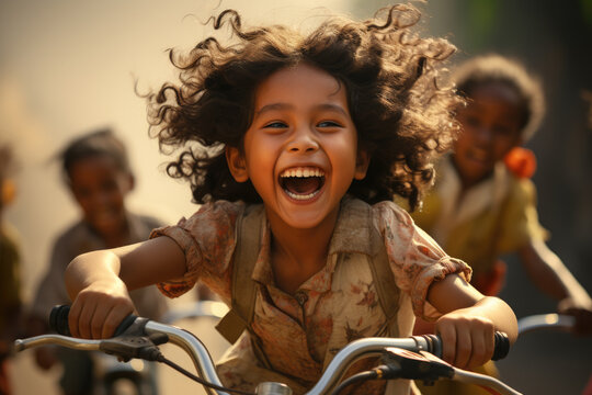 A young girl is seen riding a bike with other children in the background. This image can be used to depict childhood activities and outdoor play.