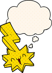 cartoon lightning bolt with thought bubble in comic book style