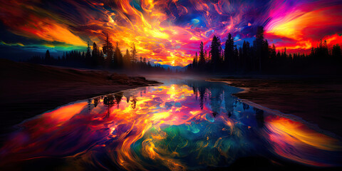 colourful vibrant sky with reflection. 