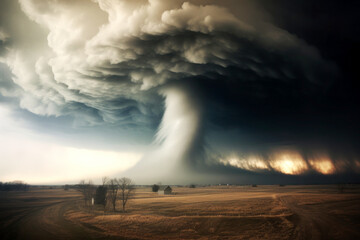 A large dangerous tornado approaching residential buildings, dangerous natural phenomena;