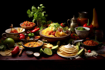 Various Mexican food spicy peppery displayed on the table on plates close-up