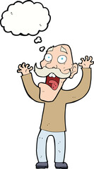cartoon old man getting a fright with thought bubble