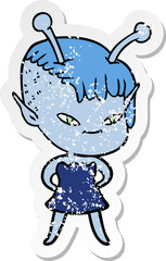 Obraz premium distressed sticker of a cute cartoon alien girl
