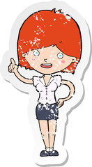 retro distressed sticker of a cartoon woman with idea