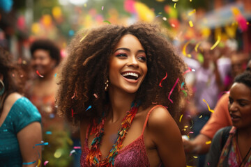 Fototapeta premium A joyful woman with curly hair is captured smiling while being surrounded by confetti. This image can be used to depict happiness, celebration, or a festive atmosphere.