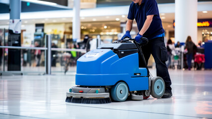 cleaner riding a floor scrubbing machine in a shopping center - janitorial service concept - obrazy, fototapety, plakaty