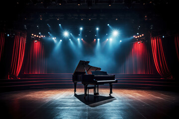 Musical instrument grand piano in the music hall performance of the artist on a dark background - obrazy, fototapety, plakaty