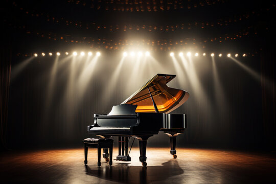 Musical instrument grand piano in the music hall performance of the artist on a dark background