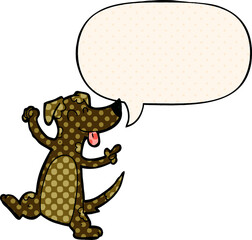 cartoon dancing dog with speech bubble in comic book style