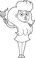freehand drawn black and white cartoon woman brushing hair