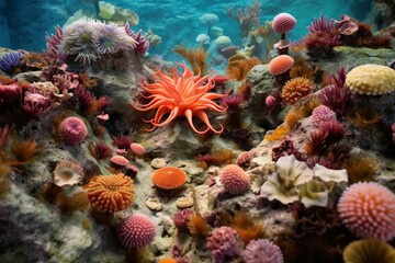A colorful rock pool teeming with vibrant anemones, clinging starfish, and scuttling crabs. Generative AI