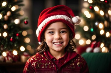 Portrait of cute little kid with Santa Claus hat, people background, festive banner with copy space text 