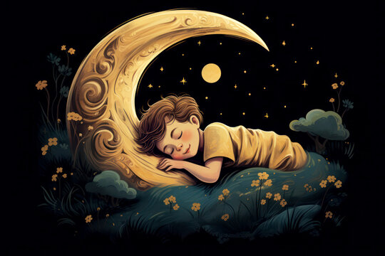 Sleeping Moon Beautiful Crescent Moon in Dark Night Sky Concept of Children's Sleep and Dreams Flat Illustration Close-up