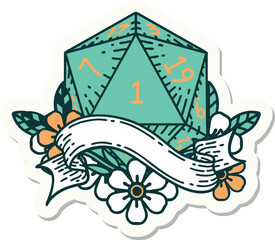 sticker of a natural one d20 dice roll