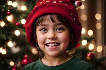 Portrait of cute little kid with Santa Claus hat, people background, festive banner with copy space text 