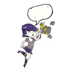 freehand speech bubble textured cartoon vampire girl flying
