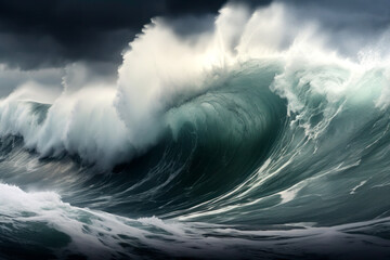 Large waves rising during a storm in the ocean, formidable natural phenomena;