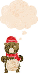 cute cartoon bear with thought bubble in grunge distressed retro textured style