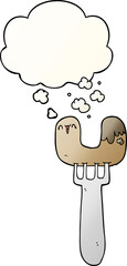 cartoon sausage on fork with thought bubble in smooth gradient style