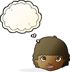 cartoon happy female face with thought bubble