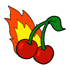 freehand drawn comic book style cartoon flaming cherries