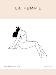 Modern minimalist poster. Nude woman silhouette, abstract pose, female body, feminine figure graphic. Contemporary beauty, Femininity aesthetic concept for wall art decor, print. Vector illustration