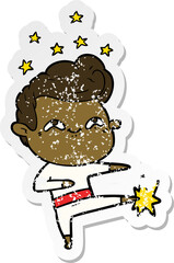 distressed sticker of a cartoon excited man
