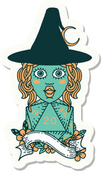 sticker of a human mage with natural 20 D20 dice roll