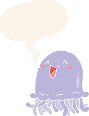 happy cartoon jellyfish with speech bubble in retro style