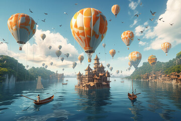 Amongst floating islands suspended by giant balloons, whimsical flying fish navigate aerial waterways, carrying passengers on seashell gondolas through the cloud-kissed skies. - obrazy, fototapety, plakaty