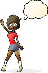 cartoon woman dancing with thought bubble