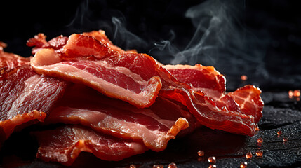 Slices of fried bacon, cut to perfection, display macro details on a dark background. Bacon in golden texture and rich tones in visual contrast. - obrazy, fototapety, plakaty