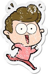 distressed sticker of a cartoon excited man