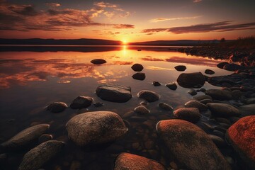 Fototapeta na wymiar Sunset over stones in the lake. Generative AI
