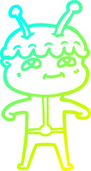 cold gradient line drawing of a friendly cartoon spaceman