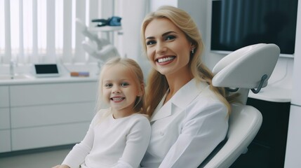 Fototapeta premium Smiling happy little kid child girl patient visits a female dentist doctor at a medical dental clinic. Health care treatment. Healthy teeth. No fear.