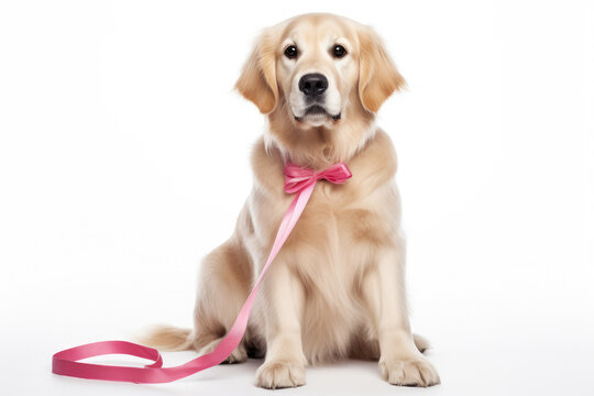 Picture of dog with pink leash on clean white background. This image can be used to depict pet ownership, dog training, or simply as cute animal photo