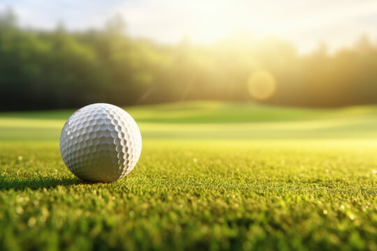 Golf ball sitting on top of lush green field. This image can be used to depict peaceful and serene golf course or for sports-related designs