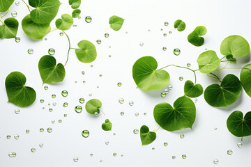 Close-up image of green leaves with water droplets on white surface. Perfect for nature or environmental themes