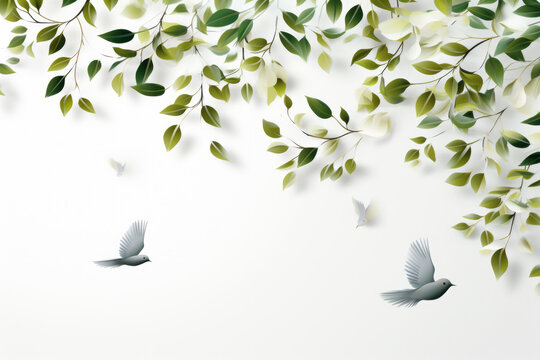 Picture of couple of birds flying next to tree. This image can be used to represent freedom, nature, wildlife, or peaceful atmosphere