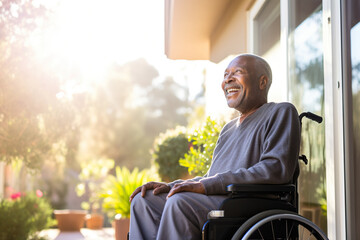 A senior retired African American man in wheelchair - obrazy, fototapety, plakaty