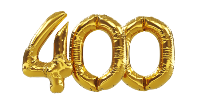 3D render of balloon number four hundred isolated on white background. Party decoration golden balloons. Anniversary