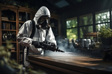 An exterminator in work clothes sprays pesticides with a spray gun