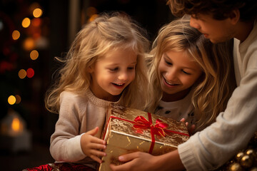 Fototapeta na wymiar Happy children celebrating Christmas with family, opening gifts