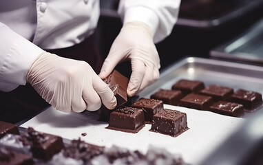 Close-up pastry chef in a gloves makes delicious chocolate candies
