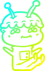 cold gradient line drawing of a friendly cartoon spaceman