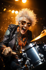 Obraz na płótnie Canvas Funny elderly crazy woman in the crowd plays drums in rock concert joyful expressive