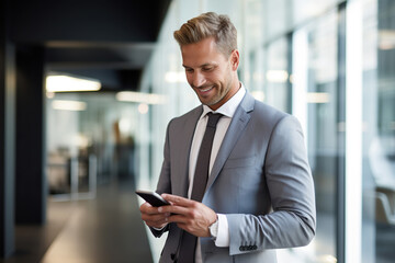 Generic well - dressed man in a modern office, looking at his phone, smiling slightly