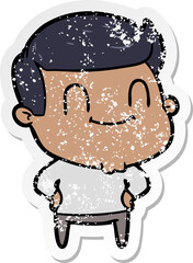 distressed sticker of a cartoon happy man