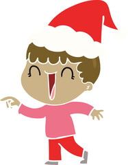 laughing hand drawn flat color illustration of a man pointing wearing santa hat